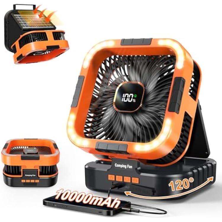 Portable Camping Fan with Solar Panel, 10000mAh Solar Powered fan, 6 Speed Levels, 120 Oscillation, 3 Light Modes, 6H Timer, Handle, Foldable Rechargeable Outdoor Fan for Tent, Hiking, Beach