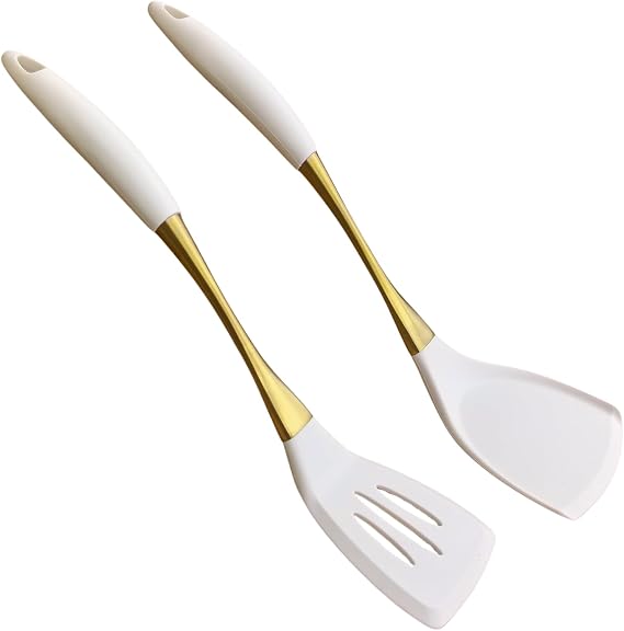 Heat-Resistant Kitchen Spatula Set Non-Toxic Cooking Utensils with Solid & Slotted Designs Food Grade Silicone and Gold-Plated Stainless Steel Handles Ideal for Nonstick Cookware, Gold