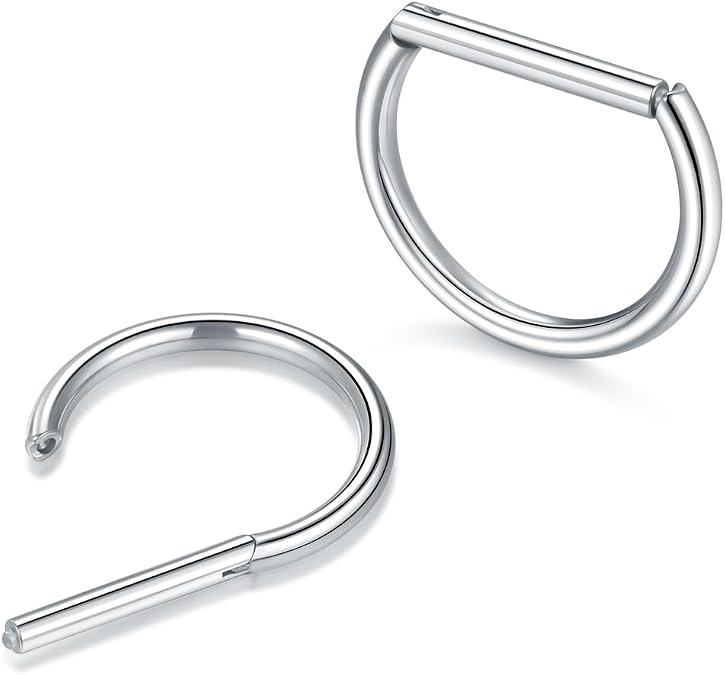 Oveta Titanium 16G D Shaped Nose Rings Hoops 8/10mm - Higned Segment Clicker Septum Rings Daith Conch Cartilage Piercing Jewelry for Women Men, Silver/Gold, 2PCS