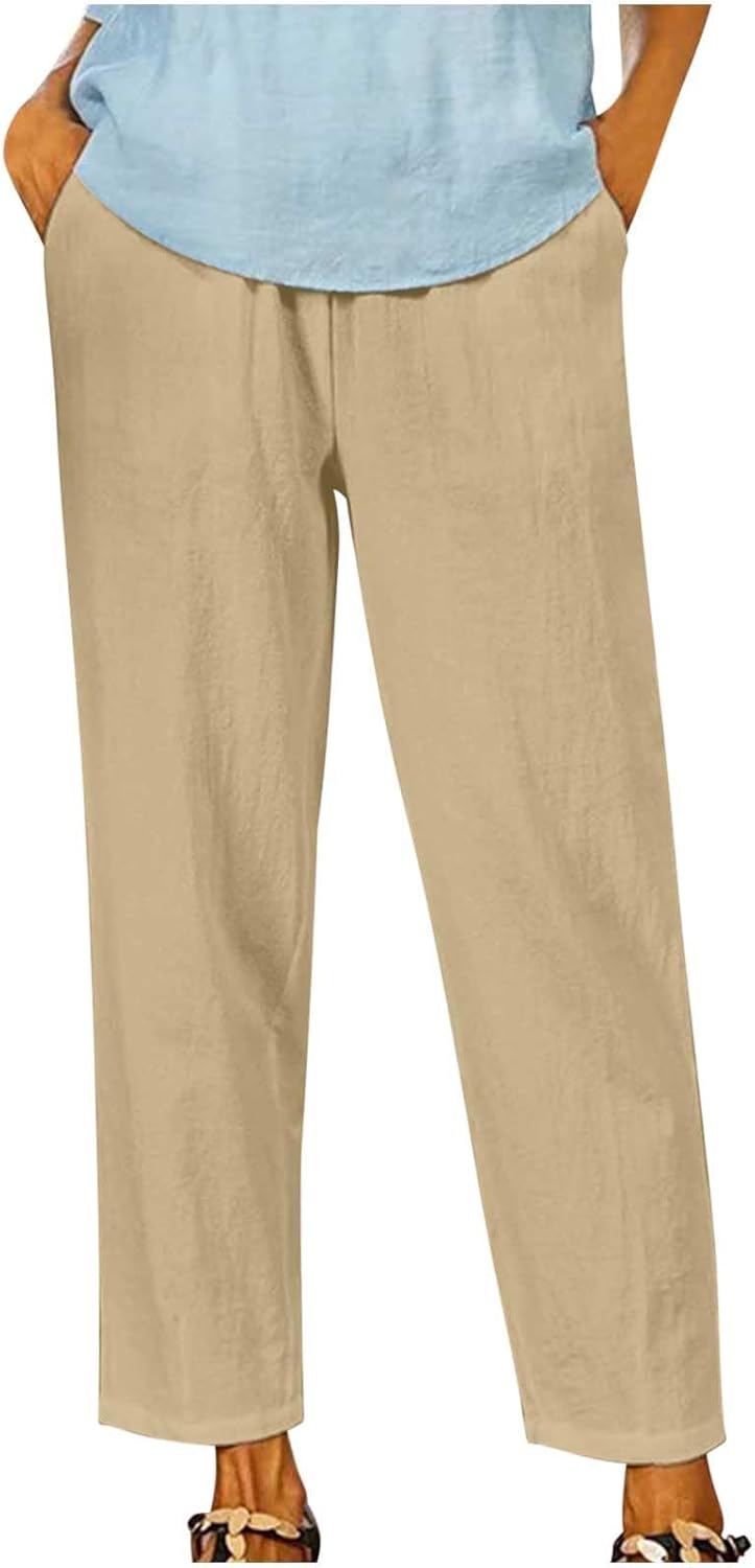 cllios Women Cotton Linen Pants Wide Straight Leg Pants Casual Ankle Length Pants Elastic Waist Pants Trousers with Pockets