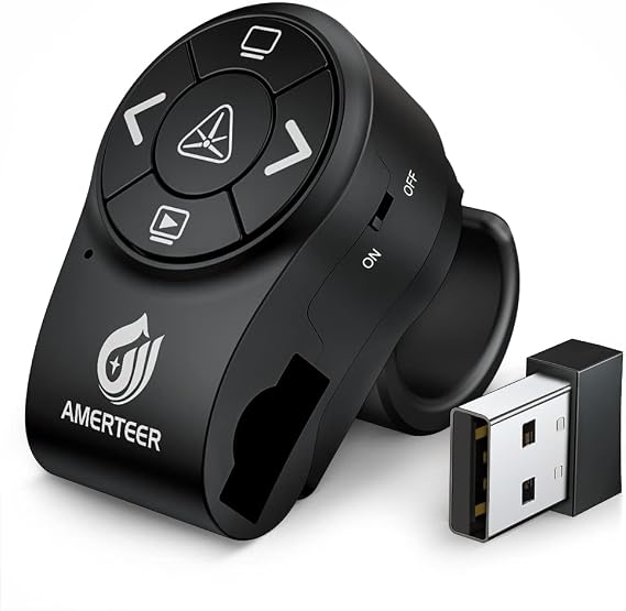 AMERTEER Wireless Presenter, 2.4GHz Powerpoint Presentation Remote Control Office PowerPoint PPT Remote Controller Clicker Flip Pen (Finger Ring Design,RF)