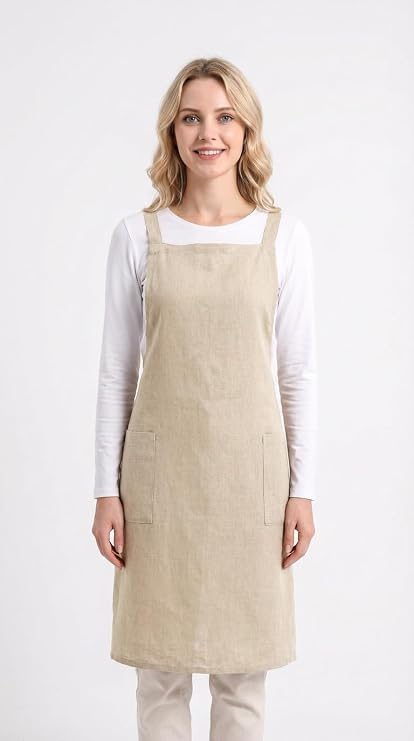 Pure Linen Cross Back Apron Dress, Adjustable Waist & 2 Pockets. Unisex Kitchen & Server Apron, 26.5"x33.5".
