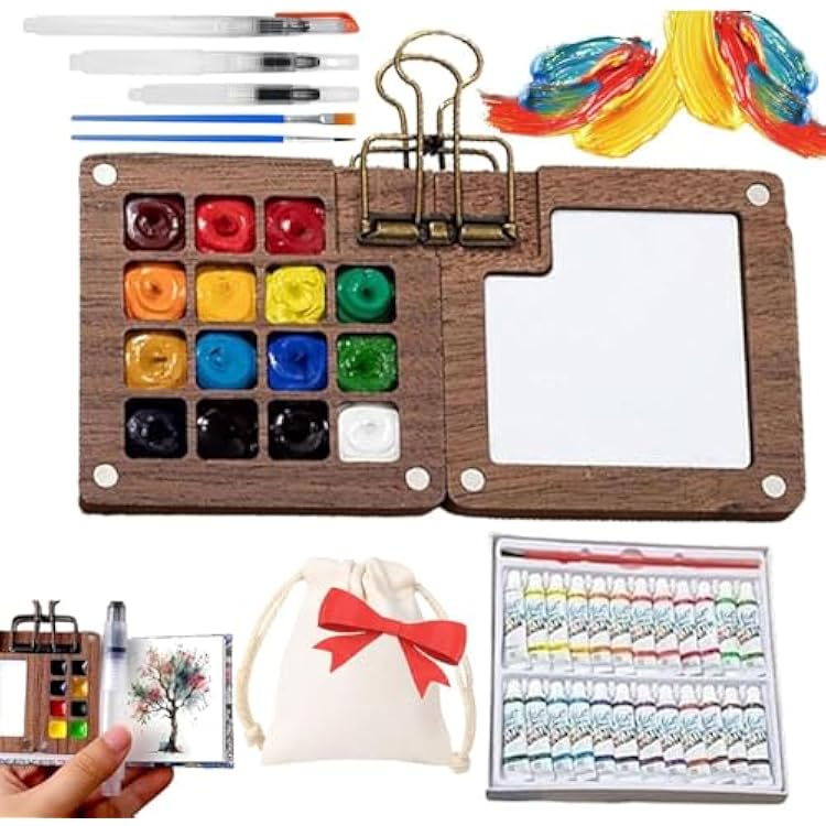 Watercolor Kit,New Mini Watercolor Paint Set, Pocket Watercolor Set with Paint, Brush,bag, Sketchbook & Copper Clip, Travel Kit for Beginners, Artists & Painting EnthusiastsWalnu -15 Grids