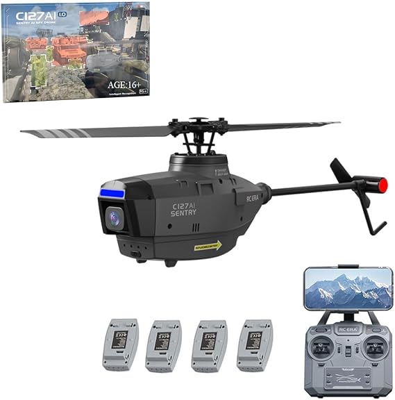 C127AI RC Helicopter with 1080P HD Camera, 2.4G 4CH Remote Control Helicopter with Camera for Adults, Single-Rotor Brushless RC Aircraft Without Aileron Indoor Outdoor-RTF (Black(4 Batteries))