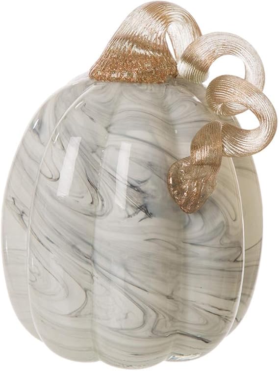 Glitzhome 5.95" H Gray Marble Handblown Glass Pumpkin Table Accent for Fall & Harvest Thanksgiving Decorating