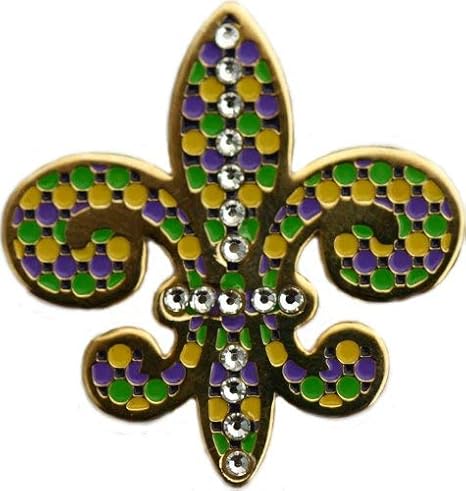 Fleur De Lis Golf Ball Marker with Clear Crystals and Round Mardi Gras Hat Clip