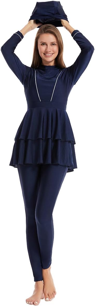 Burkini Muslim Swimsuits for Women Long Sleeve Full Body Swimwear Hijab Bathing Suit Islamic Swimsuits Navy Blue-White line S