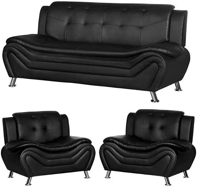 Home Square Living Room Furniture Sofa Set, 3 Piece Modern Faux Leather Sofa Couch with Accent Chairs, Button Tufted Loveseat with Solid Wood Frame and Metal Legs, Black