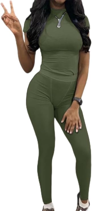 AYWA Two Piece Outfits for Women Fitted Crew Neck T-shirt High Waist Leggings Biker Shorts Matching Sets Streetwear