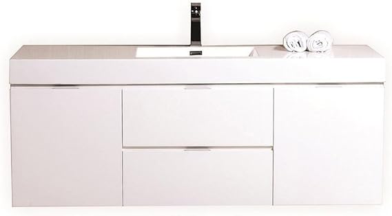 Bliss 60" Single Sink High Gloss White Wall Mount Floating Modern Bathroom Vanity