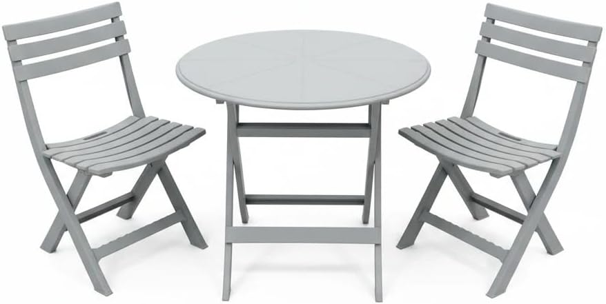 Alivio 3-Piece Folding Bistro Table and Chairs Set, Foldable Space-Saving Patio Furniture Set with Round Table and 2 Chairs, Durable Indoor Outdoor Balcony Garden Cafe Dining Set (Grey)