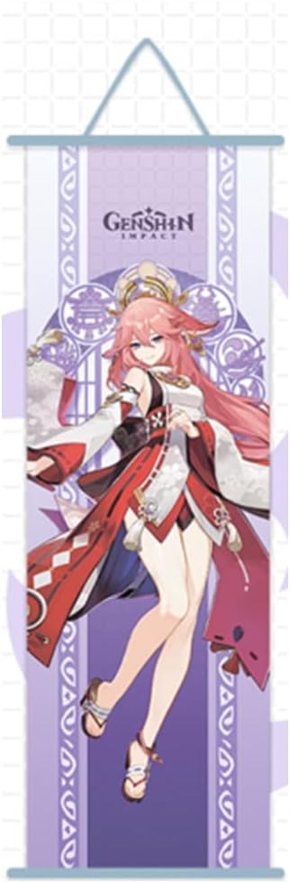 ROSETOR Genshin Impact Hanging Painting Silk Cloth Poster Engraved Scroll Animation Peripheral (Yae Miko) 70 x 25 cm