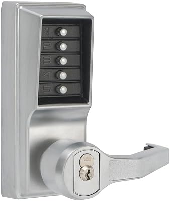 Kaba Simplex L1000 Series Metal Mechanical Pushbutton Cylindrical Lock with Lever, Combination Entry, Key Override and Passage, 13mm Throw Latch, Floating Face Plate, 70mm Backset, RC Schlage, Core Not Included, Satin Chrome Finish, Right Hand