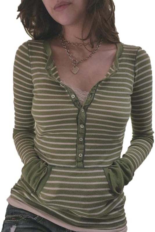 Women Vintage Long Sleeve Crop Top Stripe Crew Neck Tops Tee Sexy 90s E-Girl Slim Fit Grunge Blouses Streetwear