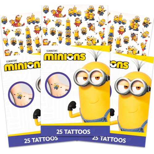 75 Pcs Minions Temporary Tattoos for Kids Bundle | Colorful Despicable Me Tattoos for Birthday Party Favors, Cute Cartoon Sticker Gifts, Kids Class Prizes, Carnival Rewards