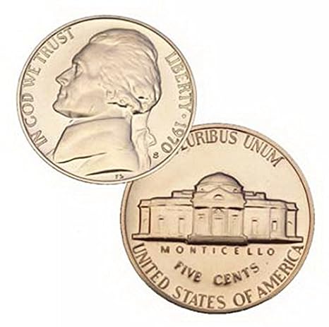 1970 S US Mint Jefferson Proof 5 Cent Nickel Coin