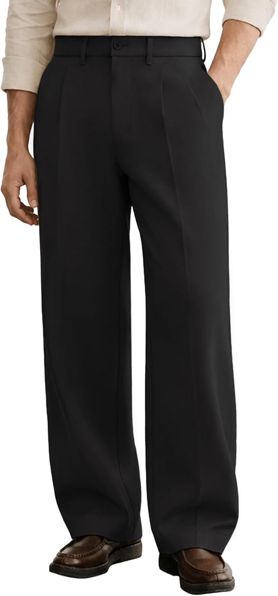 Susclude Mens Casual Dress Pants Old Money Pleated Baggy Wide Leg Slacks Vintage Stylish Relaxed Fit Work Trousers