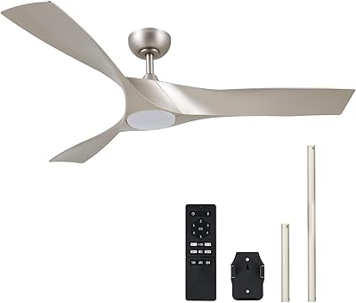 VONLUCE Ceiling Fan with Light 132CM 52 Inch 3 Blades with Remote Control DC Motor Silent Reversible 6 Speeds for Bedroom, Patios, Living Room, Farmer, Nickel