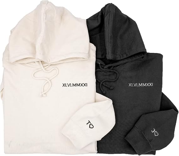 GODMERCH Custom Embroidered Roman Numeral Hoodies, Matching Hoodies For Couples, Custom Hoodie For Boyfriend With Initial Heart