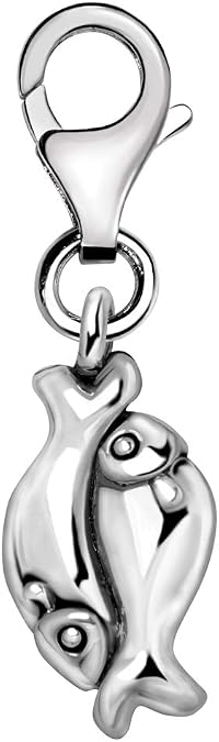Quiges 3D Pisces Zodiac Sign Clip On Charm Pendant Silver Plated Women's Jewellery