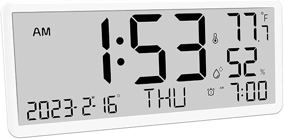 Large Digital Wall Clock, Large Display Wall Clock, Digital Clock with LCD Screen Battery Powered with Day Time Date Humidity Temperature Alarm for Home Office (White)