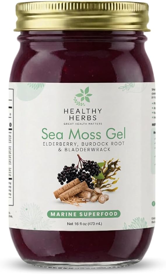 Healthy Herbs Sea Moss Gel (Elderberry) Wildcrafted from Jamaican St Lucia Gold Seamoss | Wild-Harvested Superfood with Over 90 Essential Vitamins & Minerals | Vegan, Non-GMO, US-Made (16 oz.)