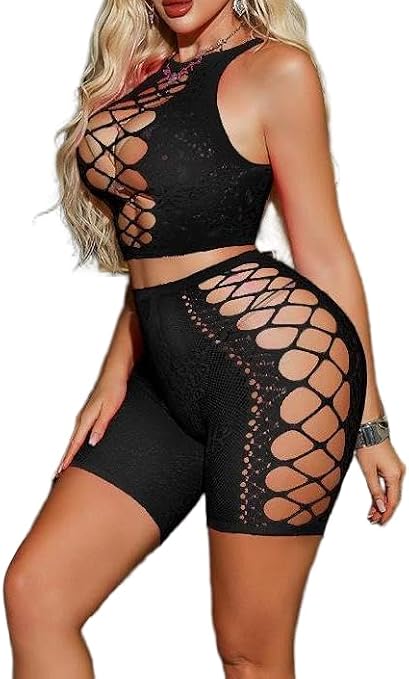 Womens Mesh Lingerie Set Two Piece Fishnet Babydoll See Through Shirts Fishnet Bodysuit Nightwear Clubwear