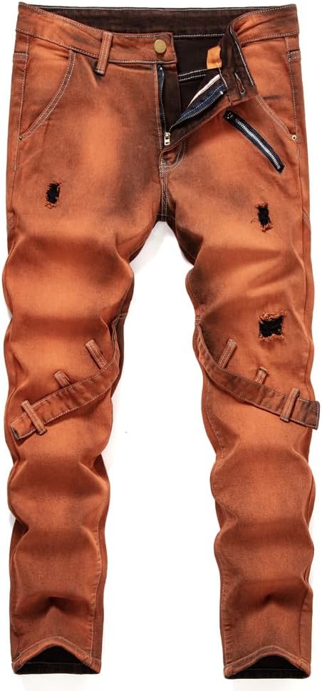 Men's Jeans Biker Straight Ripped Distressed Destroyed Denim Slim Casual Pants Stretch