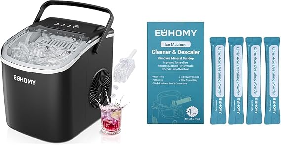 EUHOMY Countertop Ice Maker Machine with Handle, 26lbs in 24Hrs, 9 Ice Cubes Ready in 6 Mins with 4 Fl OZ Ice Maker Cleaner & Descaler | 4 Use