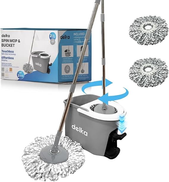 delka Spin Mop and Bucket Set – Easy Foot Pedal Water Removal, 360° Swivel Motion, Includes 2 Microfibre Mop Heads, All-Surface Cleaning, Splash Guard for Clean Mopping (Spin Mop Grey and White)