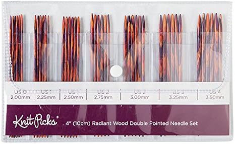 Knit Picks Double Pointed Wood Knitting Needles Set, 4 inches | 4" DPN set  with seven sizes from US 0 - 4 (2 - 3.5 mm), six needles per size, multicolor Radiant color.