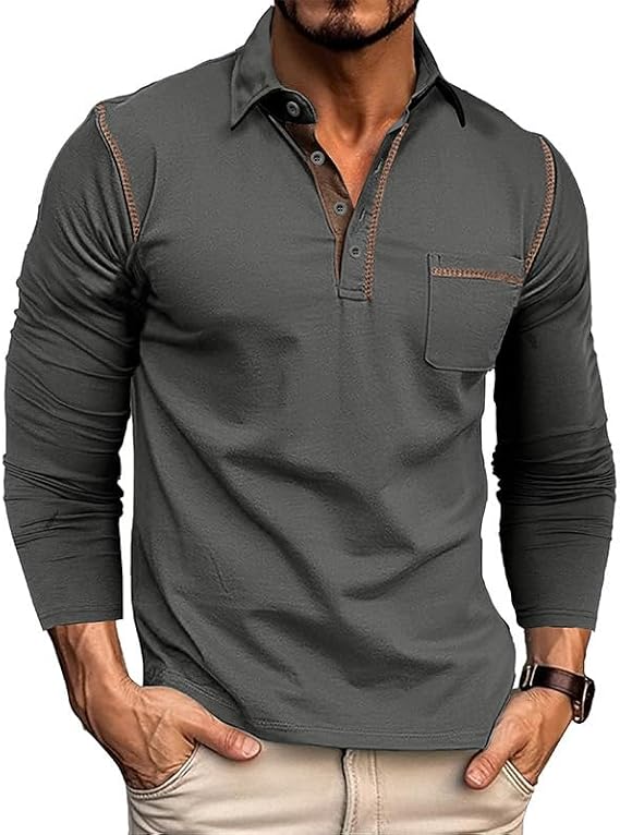 Qekoma Mens Polo Long Sleeve Shirts Casual Collared T-Shirt | Button,Cotton Soft Fabric,Daily Stylish ,Classic Basic ,Work,Fashion,Gift