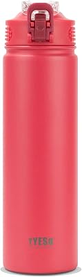 TYESO Water Bottle with Carrying Handle Straw Lid | Insulated Stainless Steel Thermos | Travel Water Bottles for Gym & Sports | Leak Proof & BPA Free | All Day Collection | 25oz Cherry