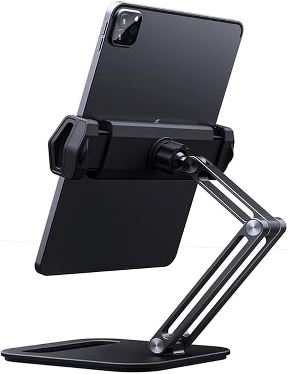 Long arm Aluminum alloy tablet Stand Adjustable Folding Stand Ergonomic 360°Rotatable tablet Phone Clamp(Svart)