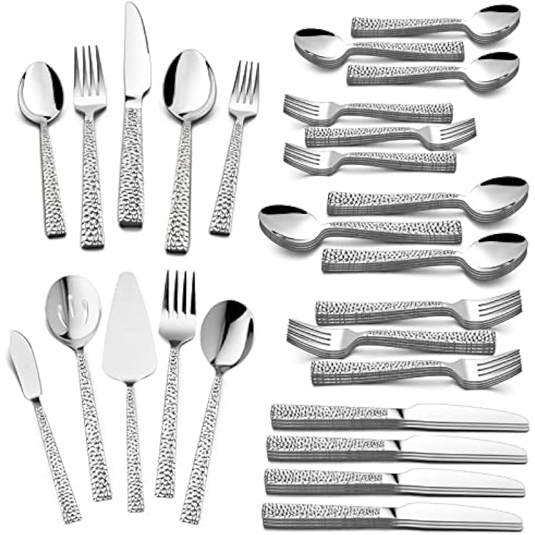 HaWare 65-Piece Hammered Flatware Serving Set, Stainless Steel Silverware Cutlery Set for HomeHotelRestaurant, Service for 12, Elegant & Classic Design, Dishwasher Safe-Square Edge