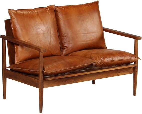 vidaXL 2-Seater Sofa, Luxurious Real Leather Upholtery, Handmade Acacia Wood Frame, Comfortable Thick Foam Padding, Ideal for Chatting, Reading or Relaxing