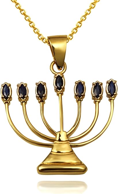 Fine 10k Gold Black Sapphire Jewish Menorah Hanukkah Candle Pendant Necklace
