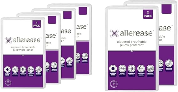 Set of 4 King AllerEase Pillow Protectors - Temperature Balancing, Allergist Recommended - Premium Breathable, Zippered Protectors & Set of 2 Standard/Queen AllerEase Pillow Protectors