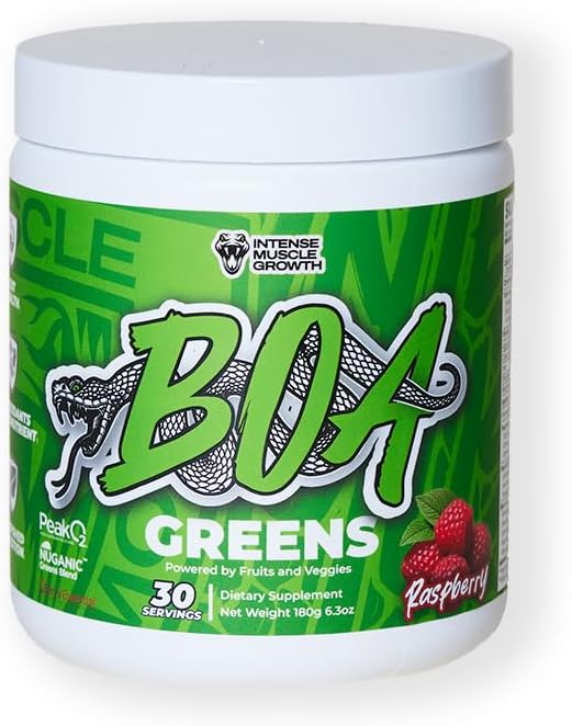 BOA Greens Powder - Organic Superfood Supplement with Fruits and Veggie Blend, Antioxidant, Mushroom Blends - Supports Digestive Health, Gluten Free Non-GMO Vegan Raspberry - 180g