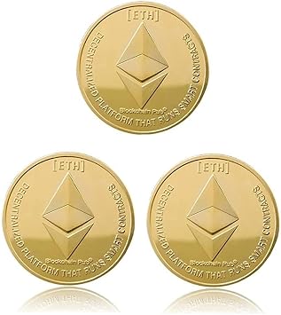 3 Pack Ethereum Gold Plated ETH Coin Blockchain Cryptocurrency Commemorative Collector Coin Set