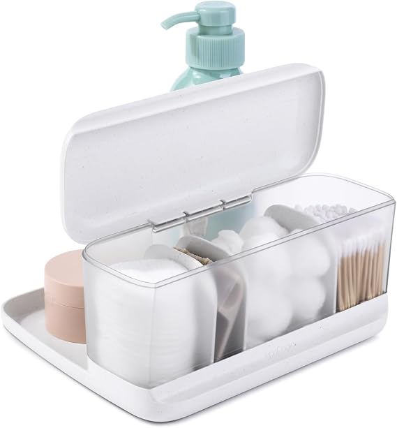 YouCopia HideAway Counter Caddy, Bathroom Vanity Countertop Organizer Tray with Adjustable Dividers and Lid