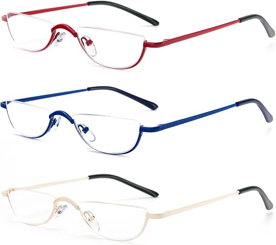 Half Reading Glasses - Half Rim Metal Frame Glasses Spring Hinge Readers with Leather Pouch for Men and Women