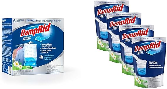 DampRid Fresh Scent Hanging Moisture Absorber, 15.4 oz., 6 Pack - Eliminates Musty Odors & Refill Bag, 4-Pack - Fresh Scent Moisture Absorbers for Rooms with Excess Humidity