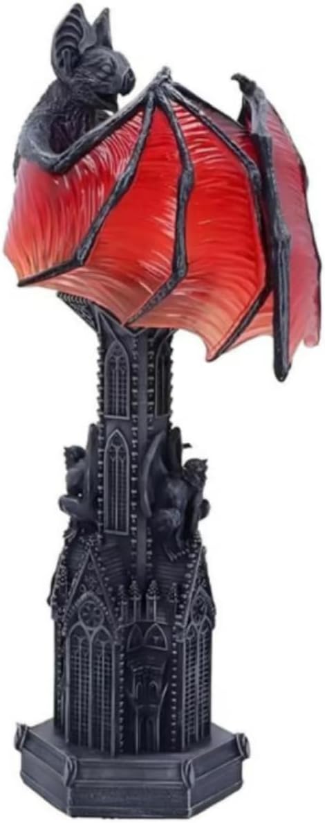 Halloween Gothic Bat Wing Lamp - Red Glow Cathedral Base, Vampire Table Light, Spooky Witchy Decor for Horror Room, Bedroom & Living Room