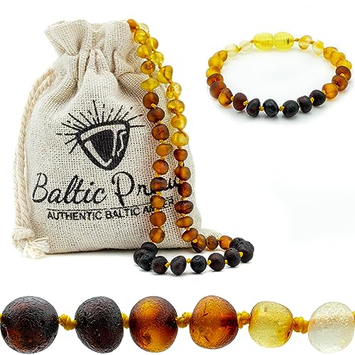 Baltic Proud Amber Necklace and Bracelet Gift Set Unisex Rainbow Raw 12.5 Inches5.5 Inches - Certified Premium Quality Raw Baltic Sea Amber
