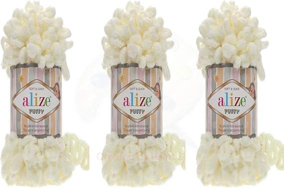 Alize Puffy Baby Blanket Lot of 3 - 300gr, 30yds, 100% Micropolyester Soft Yarn, Super Chunky Bulky Worested Yarn (Light Cream)