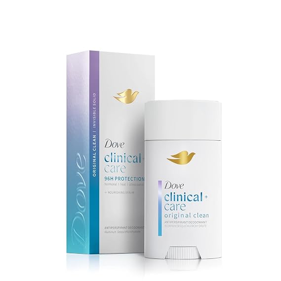 Dove Clinical + Care Original Clean Antiperspirant Stick, 2.6 oz | 96H Clinical Sweat Protection for hormonal, heat, stress sweat, Nourishing Serum, Crisp, clean scent