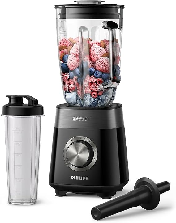 Philips Blender Series 5000 - Güç 1200W, Cam Hazne, 2L Toplam Kapasite, 3 Hız + Pulse, Karıştırma ve Yanınızda Götürme İçin Şişe Dahil, Kolay Temizlik, Siyah (HR3031/00)