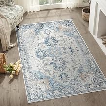 jinchan Kelda Area Rug 3x5 Washable Entryway Rug Vintage Indoor Doormat Distressed Thin Mat Lightweight Non-Slip Stain Resistant Low Pile Carpet for Kitchen Living Room Bedroom Dining Room Office Blue