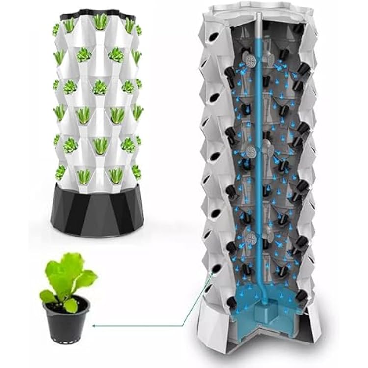 Vertical Planter Tower, Hydroponics Growing System for Indoor Herbs, Fruits and Vegetables with Hydration Pump, Adapter, Seedbed and Net Pots,Black-48Pots